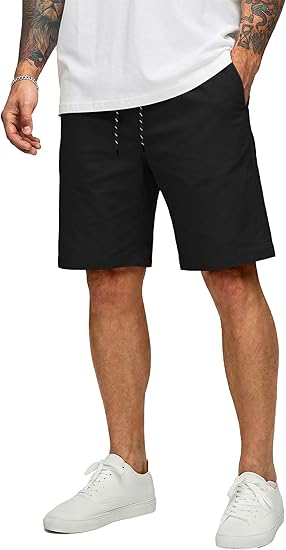 Mens Casual Shorts Cotton Drawstring 9 inch Chino Shorts Stretch Elastic Waist Summer Beach Golf Shorts