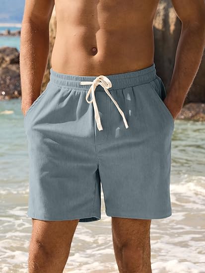 Men's Corduroy Shorts 5 Inch Inseam Drawstring Elastic Waist Lightweight Casual Summer Beach Shorts with Pocket