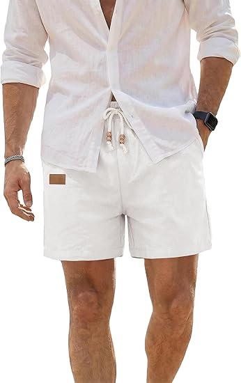 Mens Linen Shorts Casual 5"/ 7" Cotton Elastic Waist Drawstring Lightweight Summer Vacation Beach Shorts with Pockets